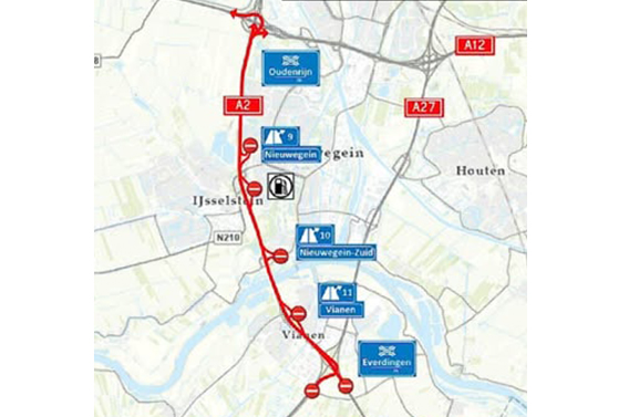 A2 afgesloten van 19 tot en met 20 mei