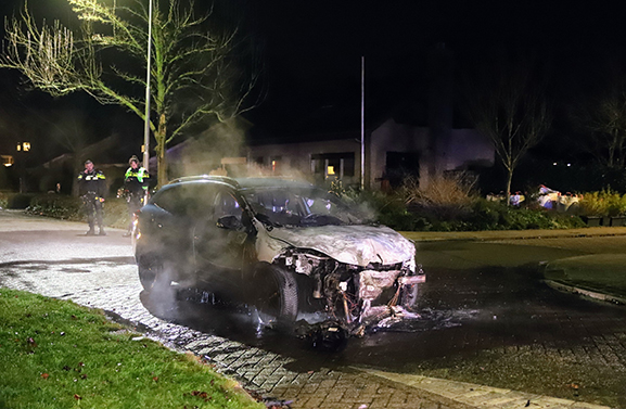 Auto knalt tegen houten paal en vliegt in brand